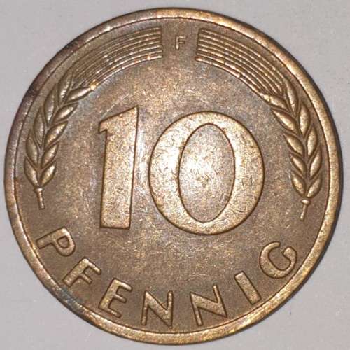 1950 F - 10 PFENNIG - TEN PFENNIG - GERMANY - FEDERAL REPUBLIC - (Brass Clad Steel) KM# 108